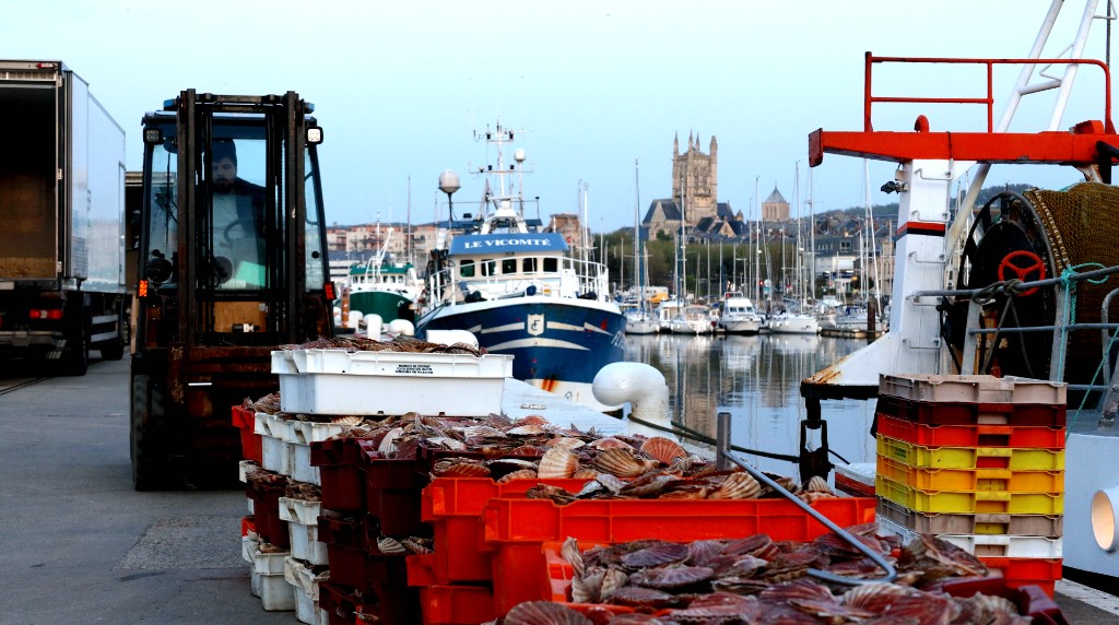 Pêcheurs débarquant des caisses de poissons depuis un bateau à la Criée de Fécamp