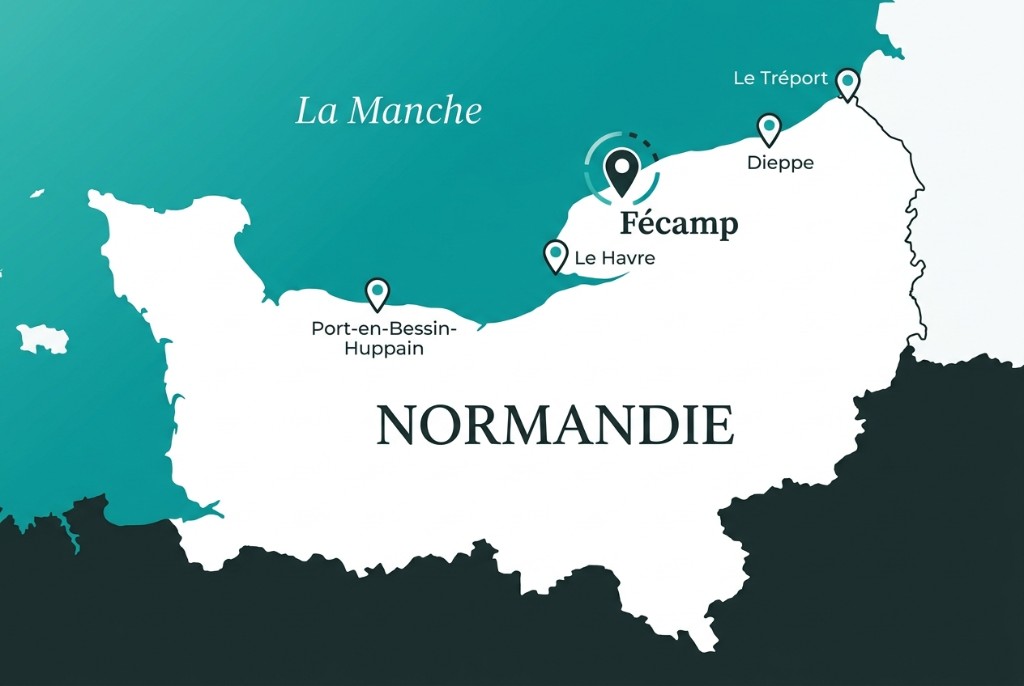 Carte de Normandie localisant Fécamp, Le Havre et Le Tréport le long de la côte d'Albâtre